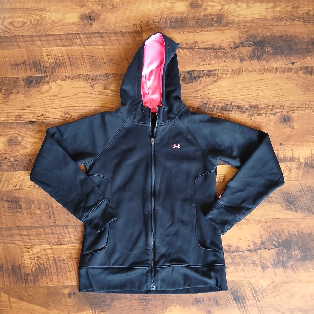 Under Armor Hoodie Womens MEDIUM Pink Black Sweatshirt Jacket Fitted Zip Up